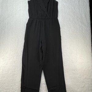 Evereve Jumpsuit Womens Size M Black Sleeveless Shawl Collar Stretch Tapered Leg